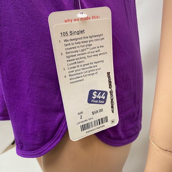 NWT Lululemon 105 Singlet Tender Violet sz 2 Tank Top - Picture 3 of 5